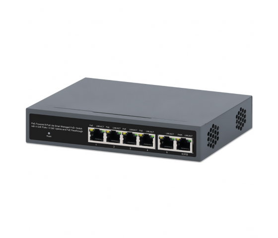 Switch PoE+ Lite Smart Managed à 6 ports avec 4 ports GbE, 2 liaisons montantes GbE et PoE pass-through