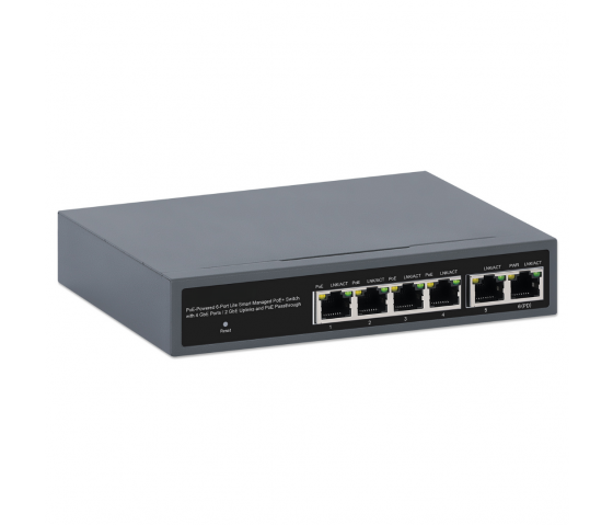 Switch PoE+ Lite Smart Managed à 6 ports avec 4 ports GbE, 2 liaisons montantes GbE et PoE pass-through