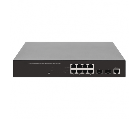 Switch PoE+ 8 ports Gigabit Ethernet géré par le Web avec 2 ports SFP - 140W PoE, montage en rack