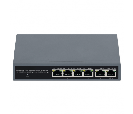 Switch PoE+ Lite Smart Managed à 6 ports avec 4 ports GbE, 2 liaisons montantes GbE et PoE pass-through