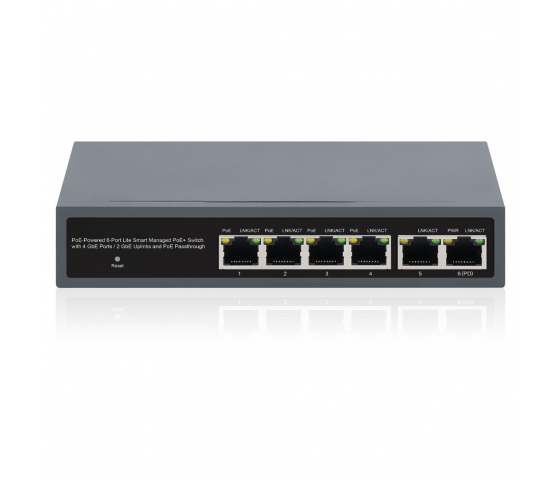 Switch PoE+ Lite Smart Managed à 6 ports avec 4 ports GbE, 2 liaisons montantes GbE et PoE pass-through