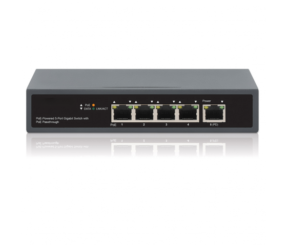 PoE-Powered 5-Poorts Gigabit Switch met PoE Passthrough - 65W PoE, Desktop/Wall-mount