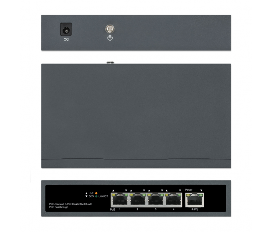 PoE-Powered 5-Poorts Gigabit Switch met PoE Passthrough - 65W PoE, Desktop/Wall-mount