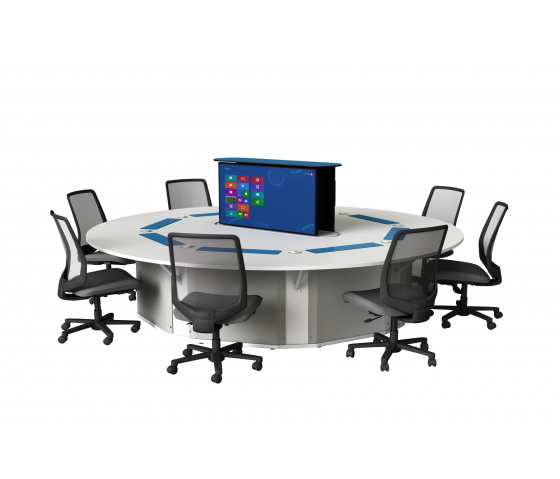 Table informatique ronde M1 8 places avec 8 écrans mécaniques escamotables