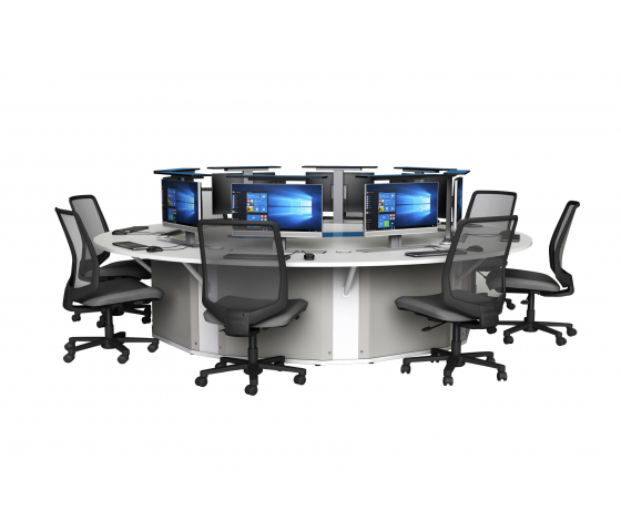 Table informatique ronde M1 8 places avec 8 écrans mécaniques escamotables