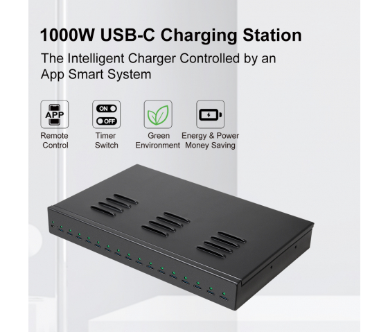 Concentrateur de charge USB-C 1000W à 16 ports - noir