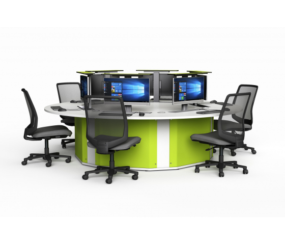 Table informatique ronde M1 6 places avec 6 boîtiers mécaniques pour moniteurs pop-up
