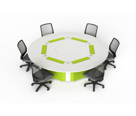 Table informatique ronde M1 6 places avec 6 boîtiers mécaniques pour moniteurs pop-up