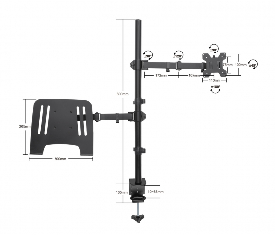 Support ordinateur portable avec bras pour moniteur - 1 écran - 13 à 32 pouces