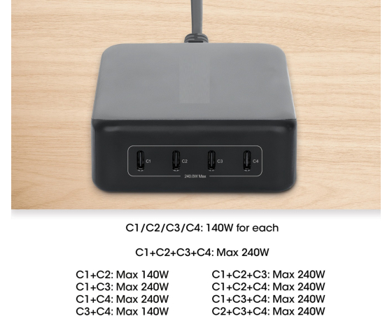 Station de charge USB-C Power Delivery à 4 ports GaN - 240 W / PD 3.1