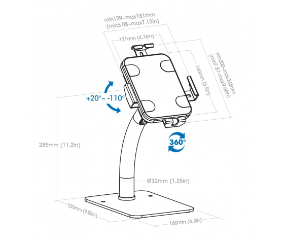 Support de tablette sur bureau MH pour tablettes entre 7,9 et 11 pouces - blanc