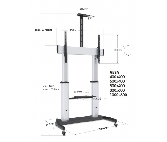 Chariot TV multimédia en aluminium à hauteur réglable - 60 à 100 pouces