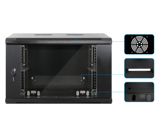Coffret mural 19 pouces MHT132 avec porte vitrée - hauteur 6U - profondeur 450 mm - noir