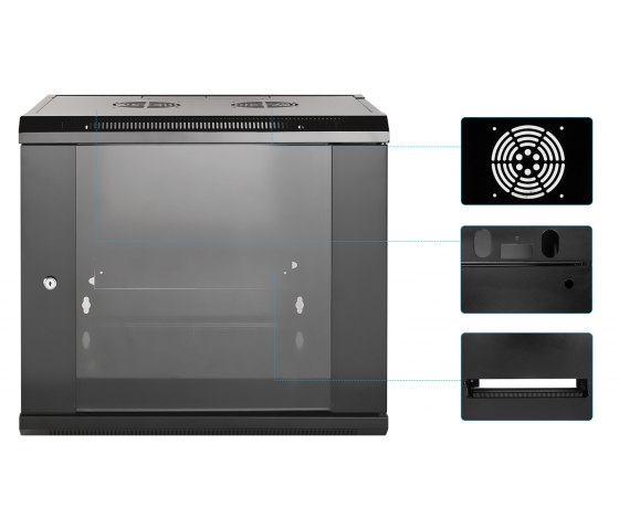 Armoire réseau murale 19 pouces MHT109 avec porte en verre - hauteur 9U - profondeur 600 mm - flatpack - noir