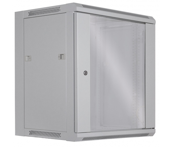 Coffret réseau mural 19 pouces MHT116 avec porte en verre - hauteur 12U - profondeur 450 mm - flatpack - gris