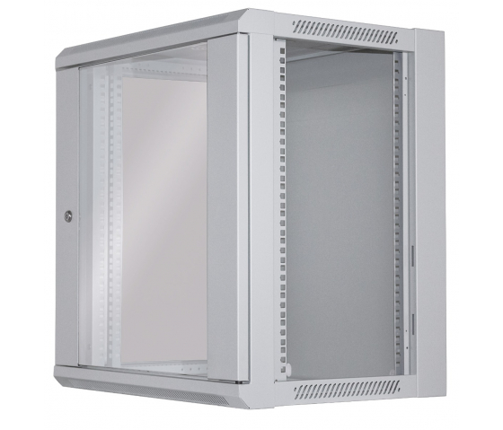 Coffret réseau mural 19 pouces MHT116 avec porte en verre - hauteur 12U - profondeur 450 mm - flatpack - gris