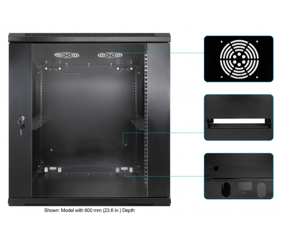 Armoire murale 19 pouces MHT136 avec porte en verre - hauteur 12U - profondeur 450 mm - noir