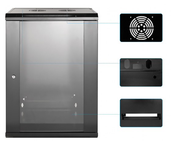 Armoire serveur murale 19 pouces MHT124 avec porte en verre - hauteur 15U - profondeur 450 mm - flatpack - noir