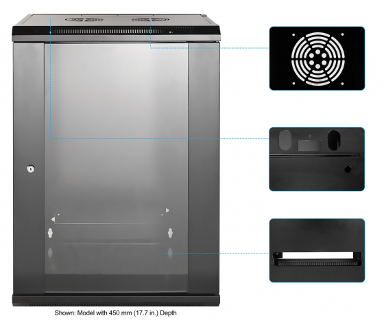 19 inch wandkast MHT125 met glazen deur - 15U hoogte - 600 mm diep - flatpack - zwart