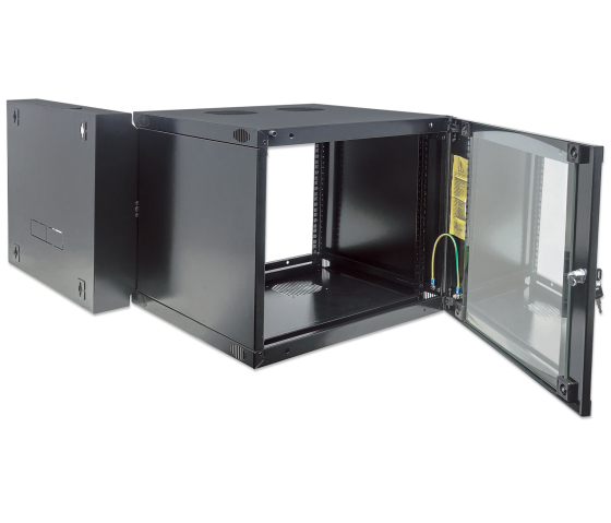 Armoire murale 19 pouces MHT119 avec porte en verre - hauteur 12U - double section - profondeur 450 mm - flatpack - noir
