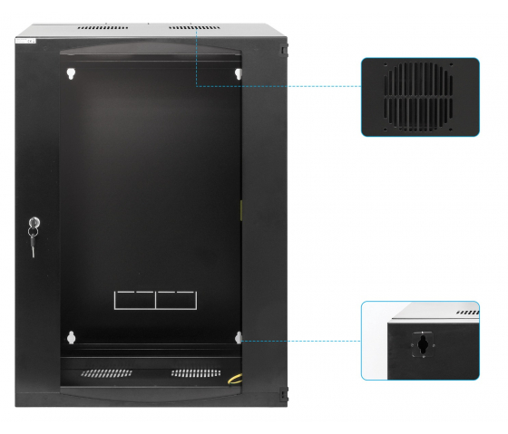 Armoire murale 19 pouces MHT129 avec porte en verre - hauteur 15U - double section - profondeur 600 mm - flatpack - noir