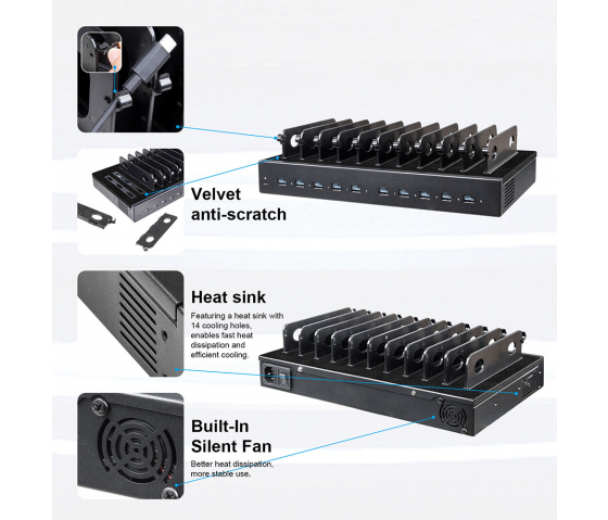 Station de recharge Dual Charge USB-A/USB-C 1000W à 10 ports - noir