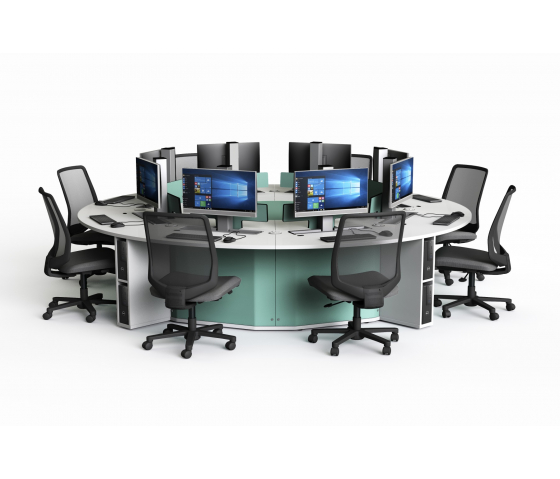 Table informatique ronde P1 8 personnes avec 8 écrans électriques escamotables