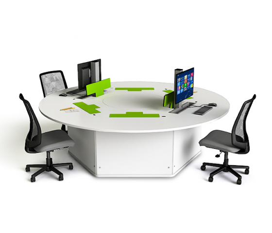 Table informatique ronde P1 6 personnes avec 6 écrans électriques escamotables
