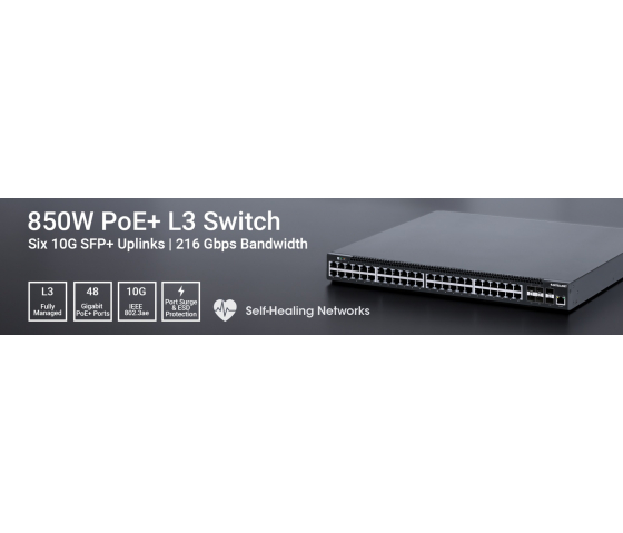 Switch PoE+ géré L3 54 ports avec 6 Uplinks SFP+ - 850W PoE, montage en rack