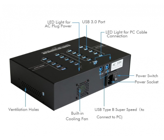 Concentrateur de charge et de synchronisation 20 ports USB-A USB 3.0 12W