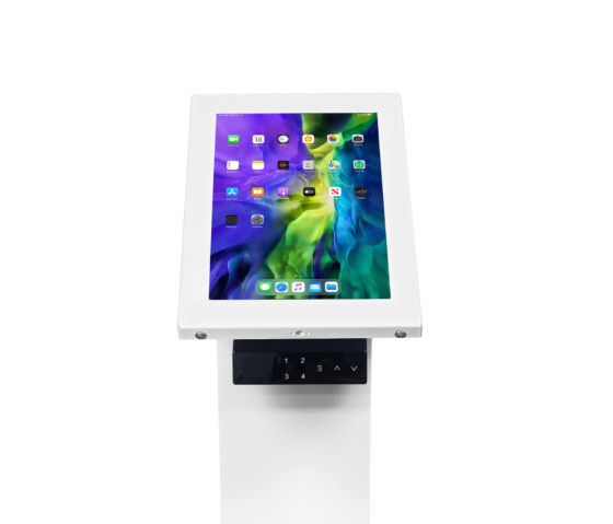 Support au sol à hauteur réglable électroniquement Suegiu Securo L pour tablettes de 12-13 pouces - blanc