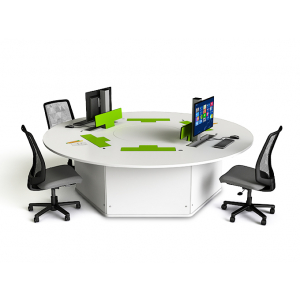 Table informatique ronde P1 6 personnes avec 6 écrans électriques escamotables